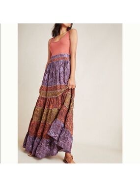 Anthropologie Boho Tiered Maxi Dress in Dusty Rose, Purple, Rust & Olive
